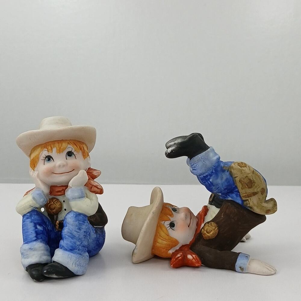 Cowboys Sitting Figurines Boys Playing Western Ceramic